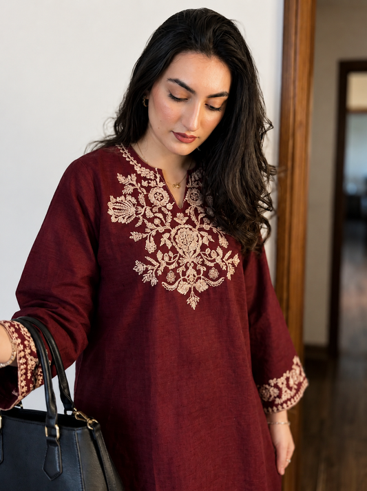 Embroidery Maroon Cotton Kurta Set with Palazzo Pants