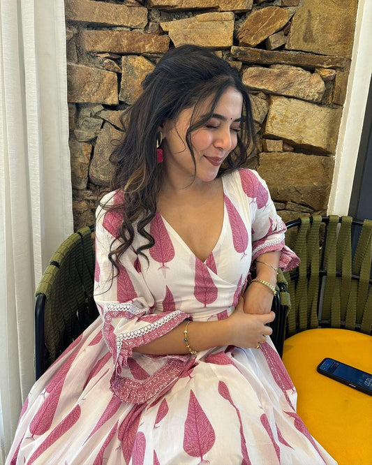 Pink Printed Cotton A-Line Kurta Set with Mulmul Dupatta for Women