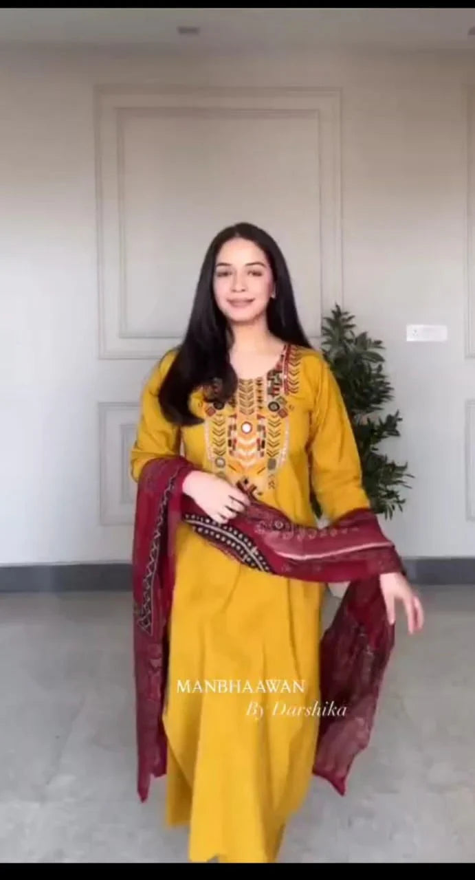 Mustard Yellow Hand-Embroidered Kurta Set with Ajrakh Print Dupatta