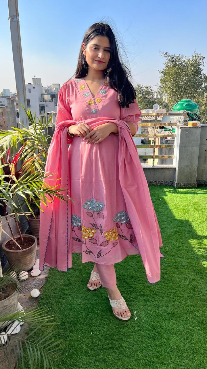 Pink A-Line Cotton Kurta Set with Malmal Dupatta