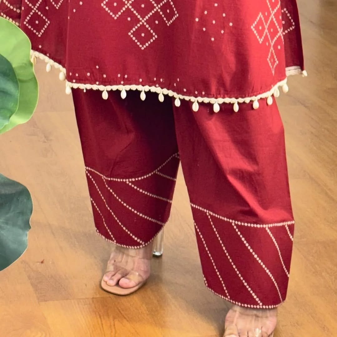 Premium Red Embroidered Cotton Kurti Pant Set with Dupatta for Women