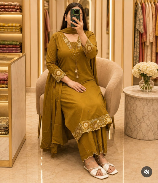 Mustard Olive Embroidered Kurta Pant Dupatta Set for Women