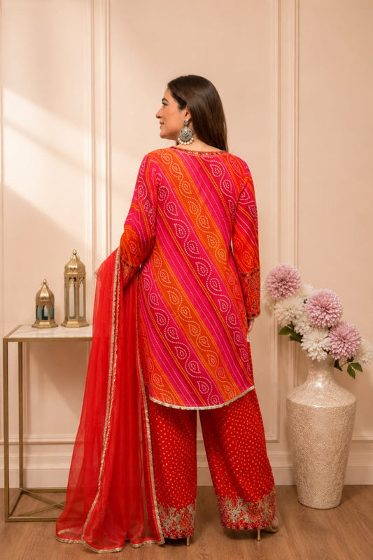 Red Bandhani Embroidered Kurta Salwar Dupatta Set for Women