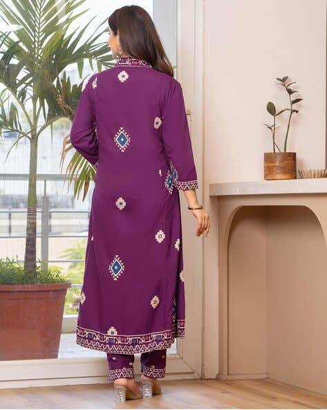 Women Bandhani Printed Cotton Purple Anarkali Kurta With Trousers & Dupatta Set