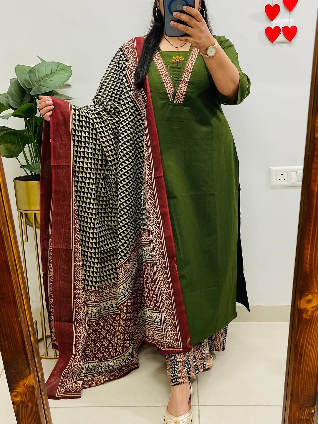 Dabu Cotton Green Kurta Set with Ajrakh Print Palazzo & Dupatta for Women
