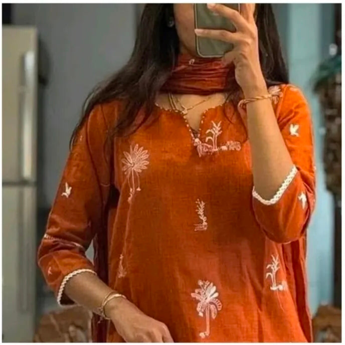 Sunset Glow Straight Suit Set with White Embroidery Accents in Pure Cotton (Linen-like Finish) with Dupatta