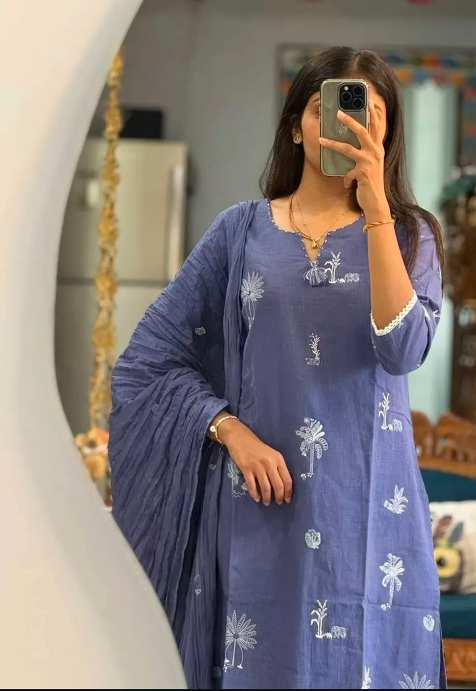 Light blue or lavender Straight Suit Set with White Embroidery Accents in Pure Slub Cotton (Linen-like Finish) with Dupatta