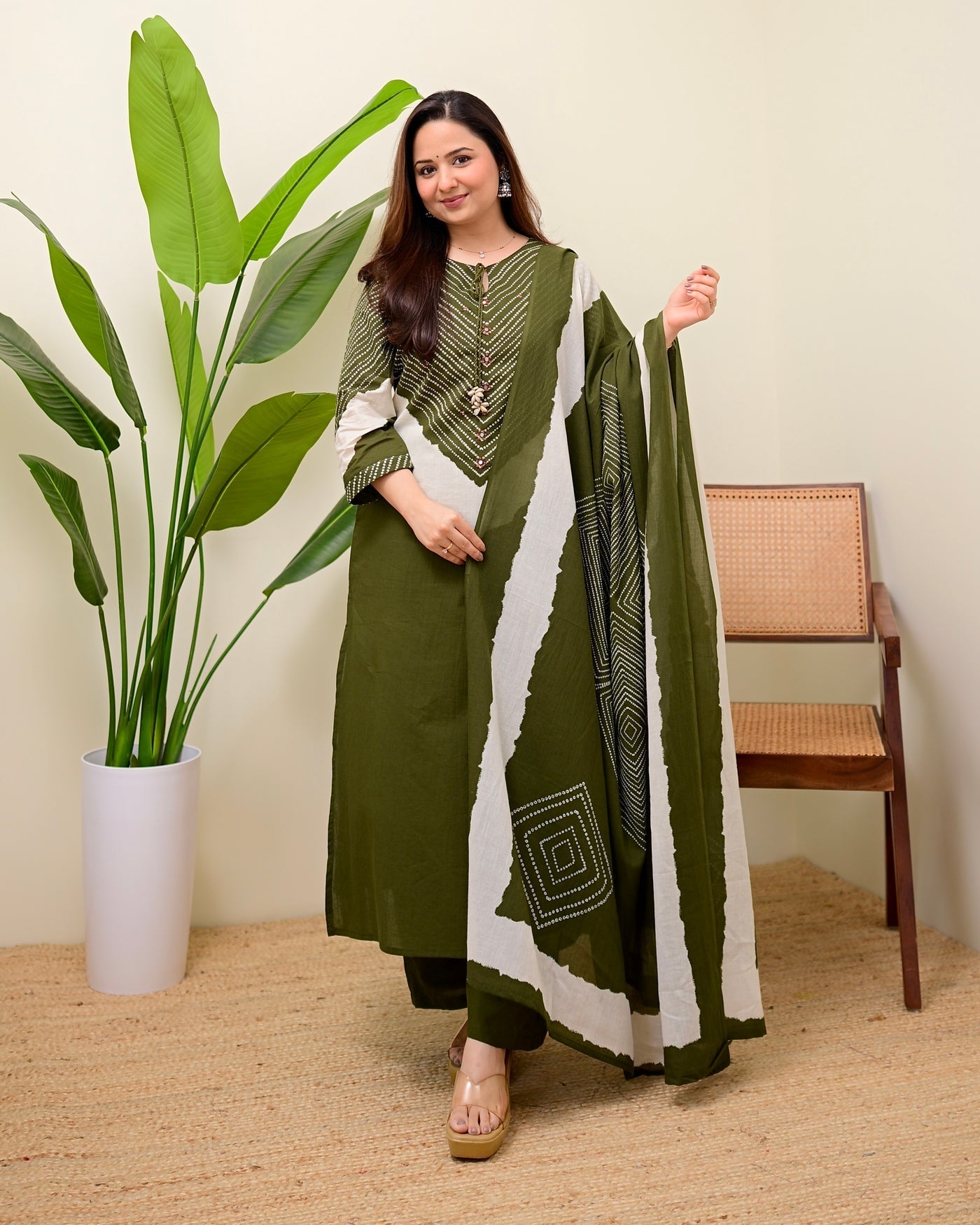 Olive Bandhej Aura Cotton Palazzo Suit