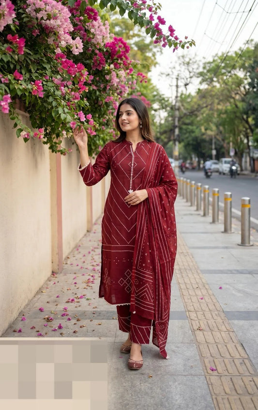 Premium Red Embroidered Cotton Kurti Pant Set with Dupatta for Women