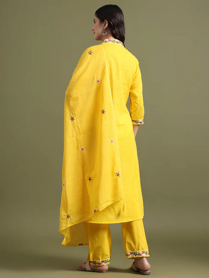 Mustard Yellow Cotton Embroidered Kurta Set