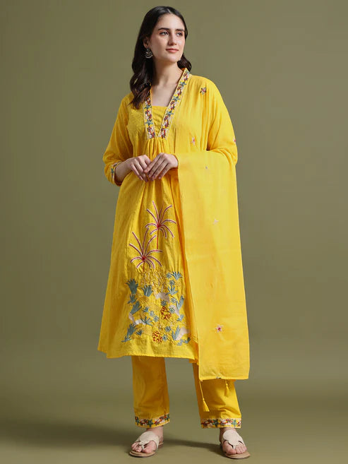 Mustard Yellow Cotton Embroidered Kurta Set