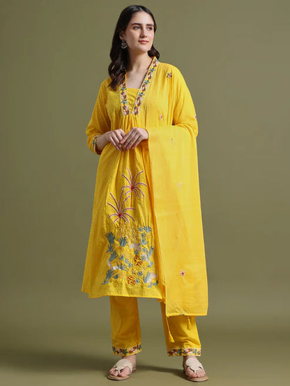 Mustard Yellow Cotton Embroidered Kurta Set