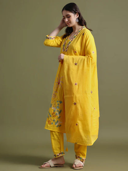 Mustard Yellow Cotton Embroidered Kurta Set