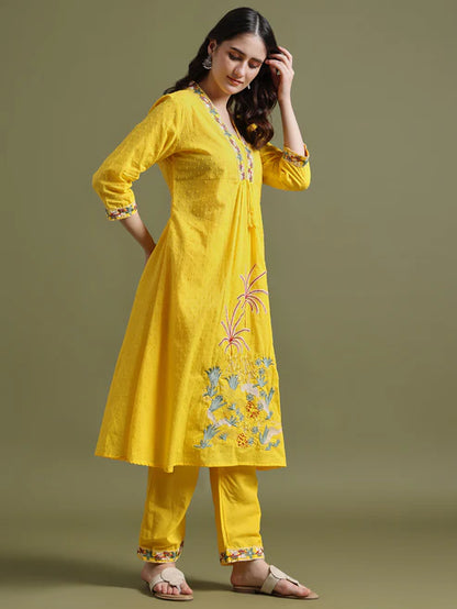 Mustard Yellow Cotton Embroidered Kurta Set