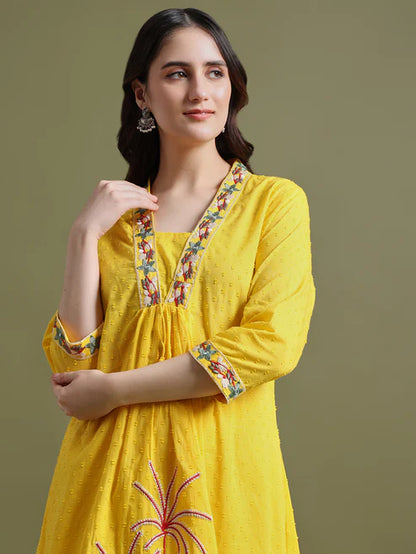 Mustard Yellow Cotton Embroidered Kurta Set