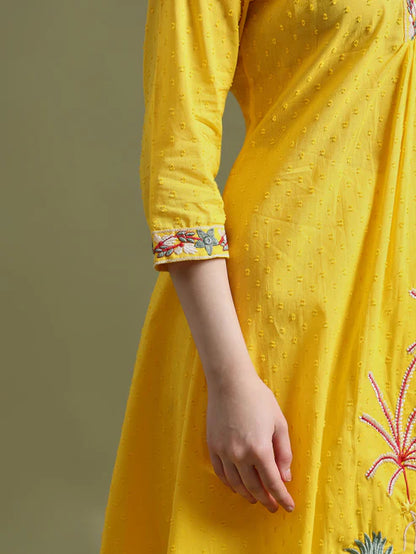 Mustard Yellow Cotton Embroidered Kurta Set