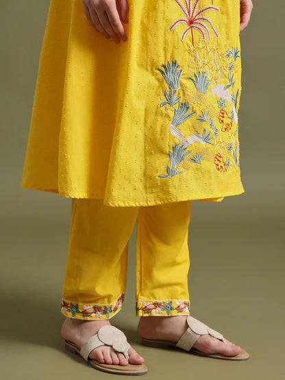 Mustard Yellow Cotton Embroidered Kurta Set