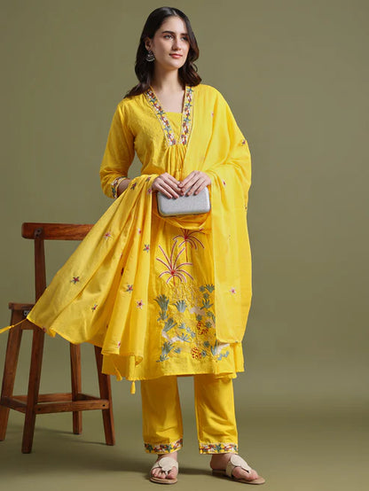 Mustard Yellow Cotton Embroidered Kurta Set