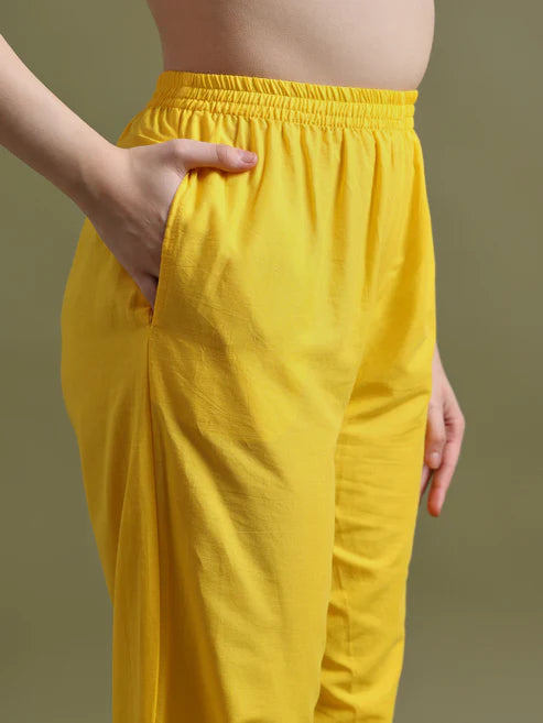Mustard Yellow Cotton Embroidered Kurta Set