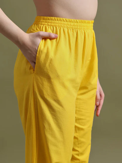 Mustard Yellow Cotton Embroidered Kurta Set