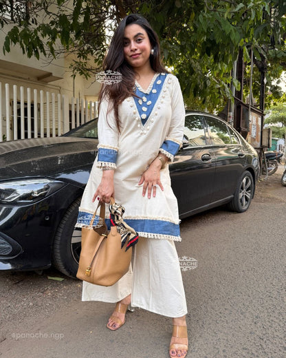 White and Blue Embroidered Kurta Pant Set