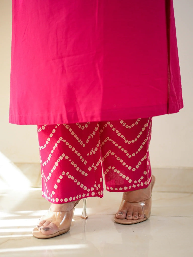 Pink Bandhani Ethnic Cotton Kurta Set with Dupatta for Women