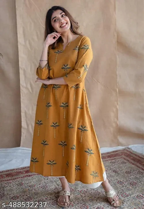 Premium Mustard Printed A-Line Kurti Set