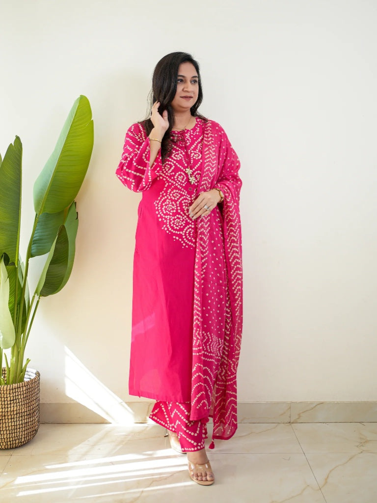 Pink Bandhani Ethnic Cotton Kurta Set with Dupatta for Women