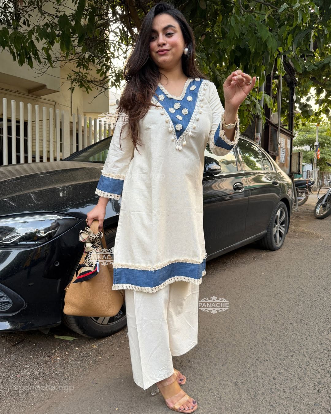 White and Blue Embroidered Kurta Pant Set