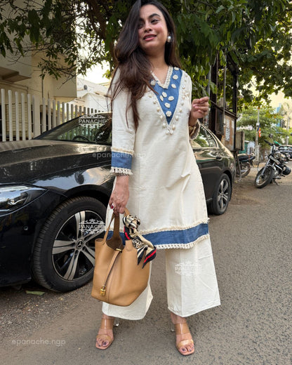 White and Blue Embroidered Kurta Pant Set