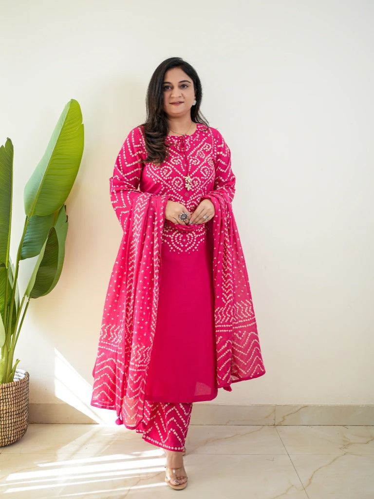 Pink Bandhani Ethnic Cotton Kurta Set with Dupatta for Women