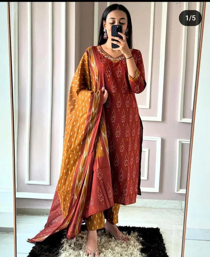 Maroon Mustard Ikkat Print Kurta Set with Dupatta for Women