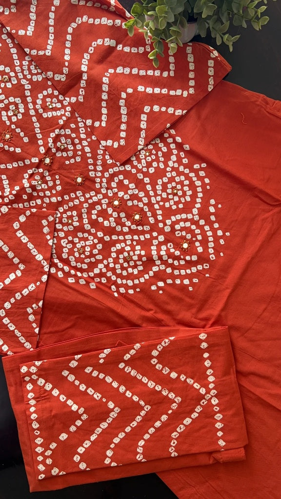 Rust Orange Cotton Bandhani Kurta Set with Dupatta for Women