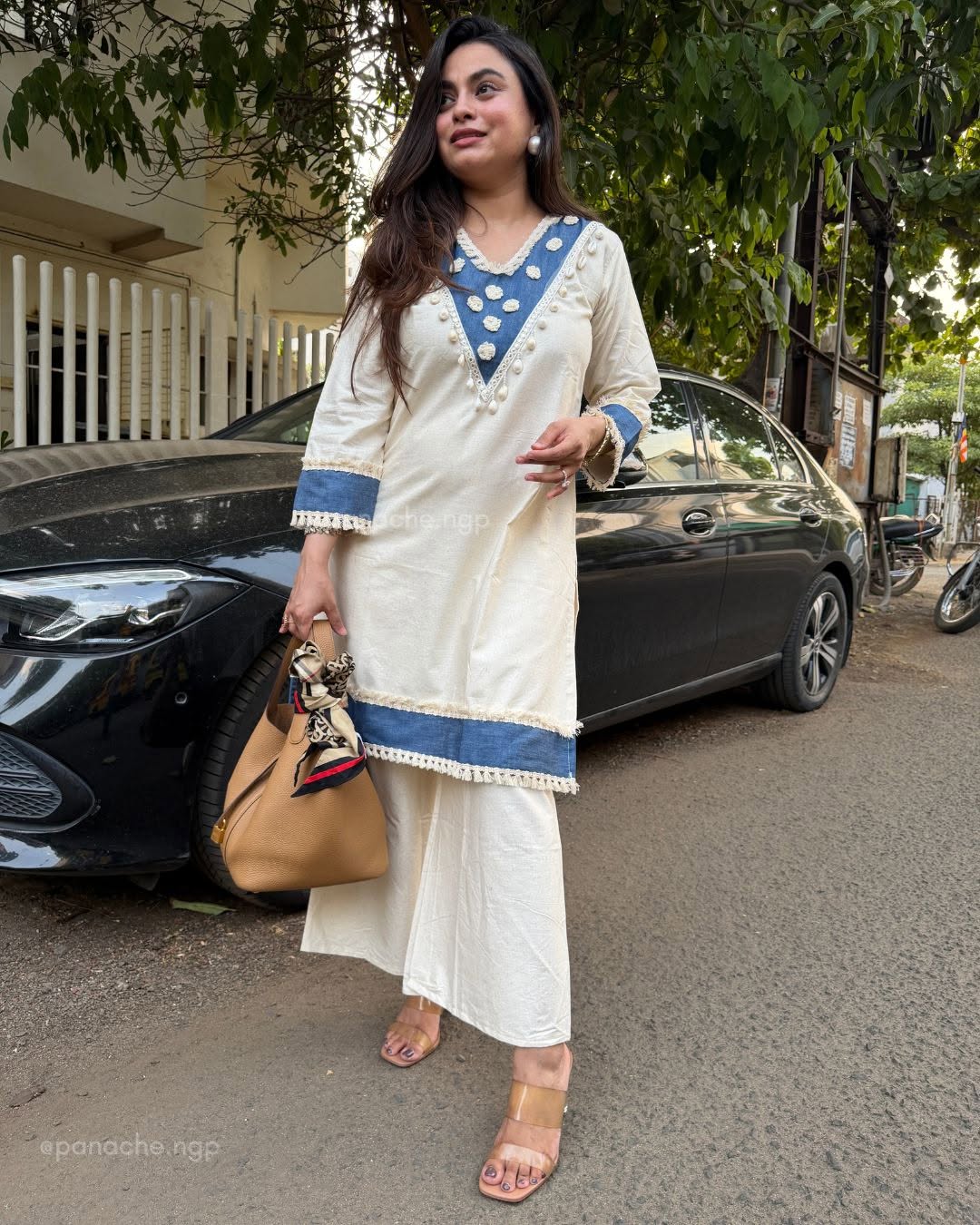 White and Blue Embroidered Kurta Pant Set