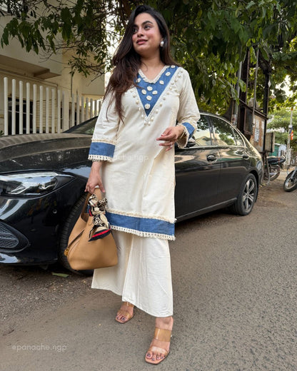 White and Blue Embroidered Kurta Pant Set