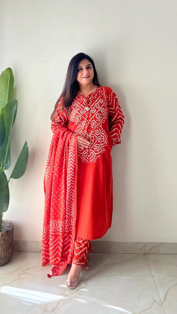Rust Orange Cotton Bandhani Kurta Set with Dupatta for Women