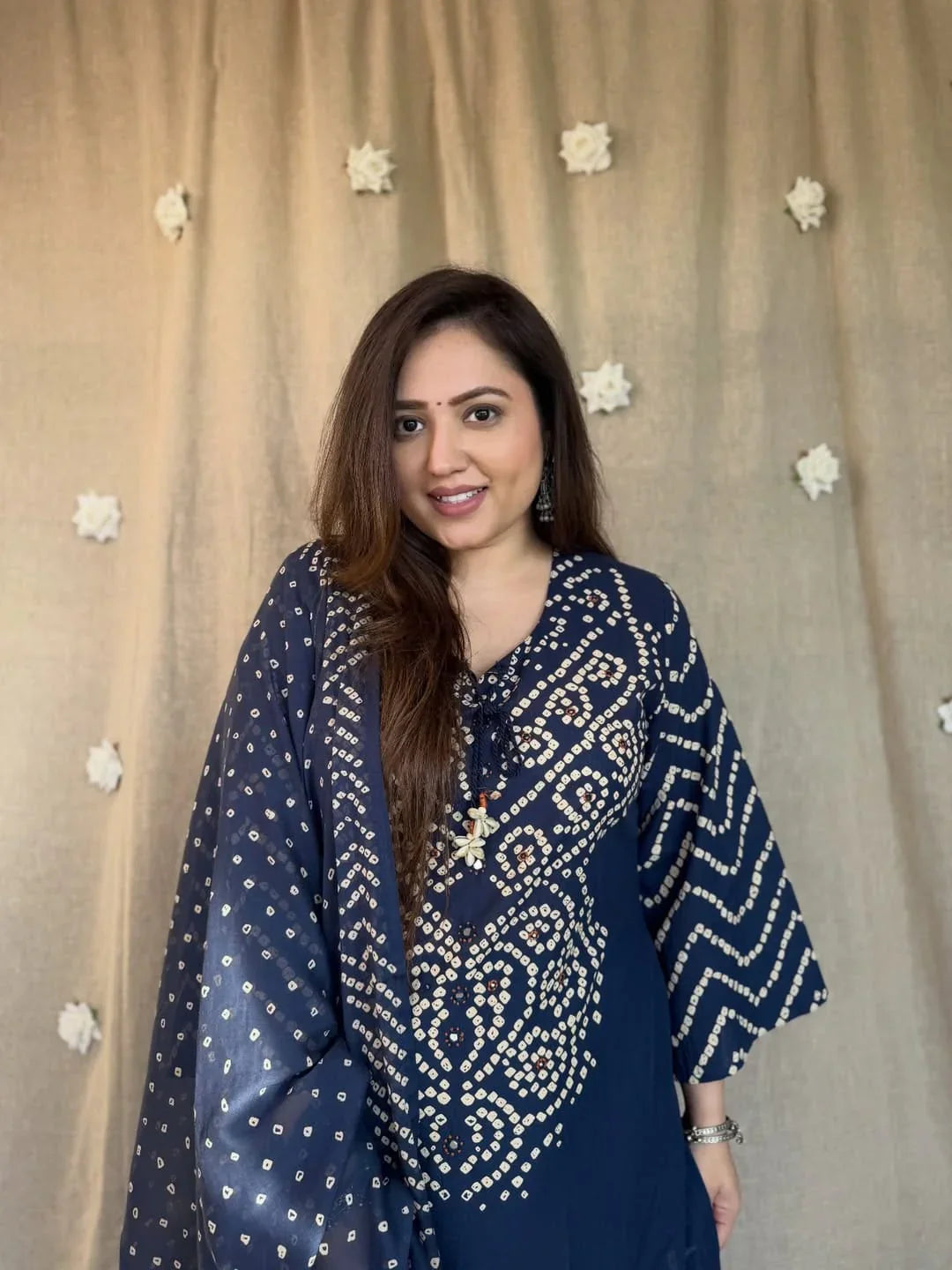 Navy Blue Bandhani Printed Kurta Set with Dupatta