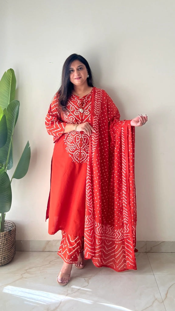 Rust Orange Cotton Bandhani Kurta Set with Dupatta for Women