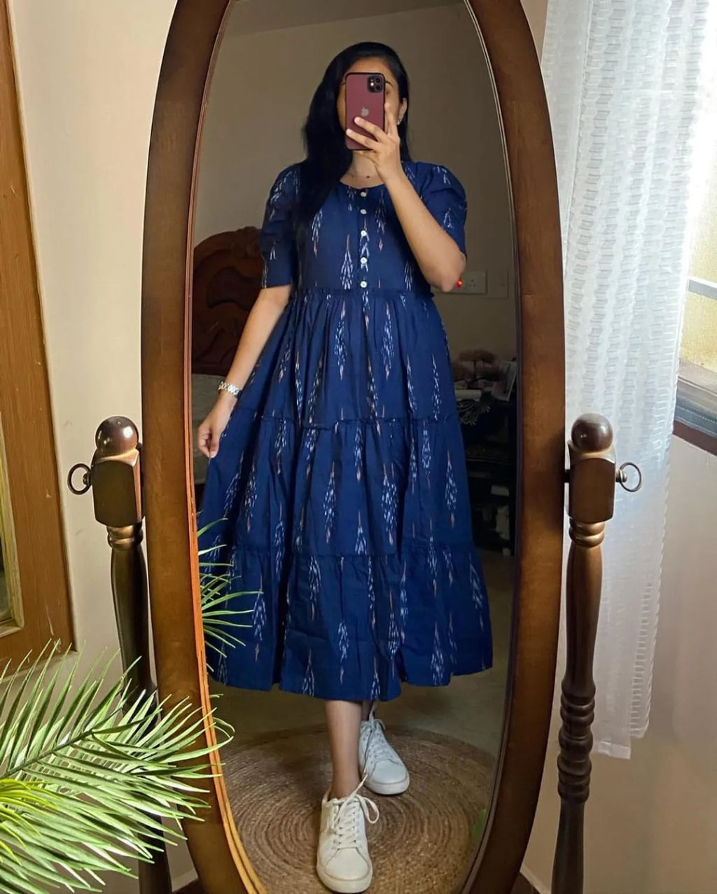 House of Jaipur Blue Ikat Cotton Flair Middy Gown For Women