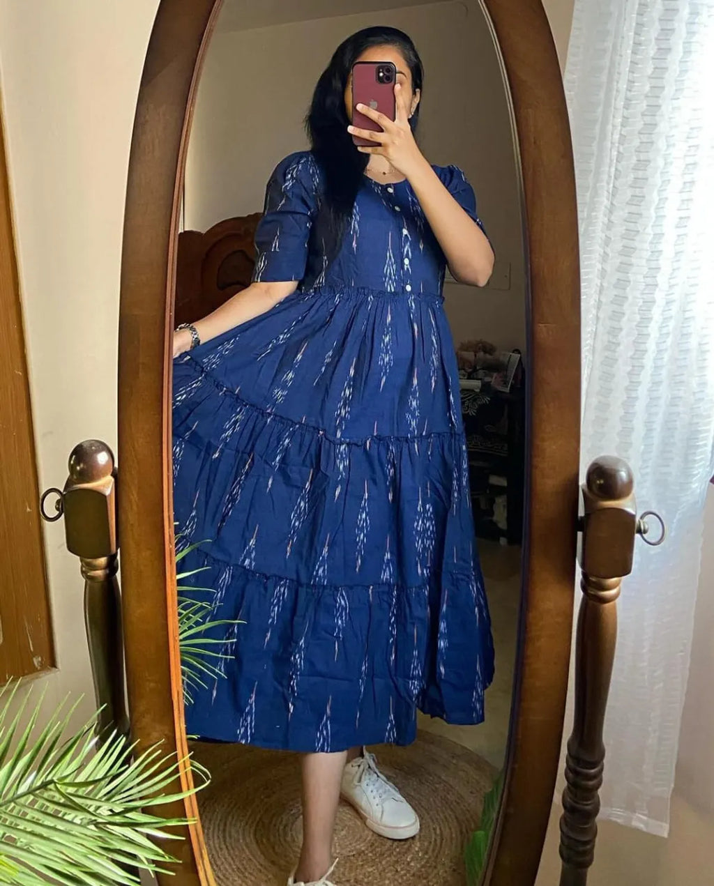 House of Jaipur Blue Ikat Cotton Flair Middy Gown For Women