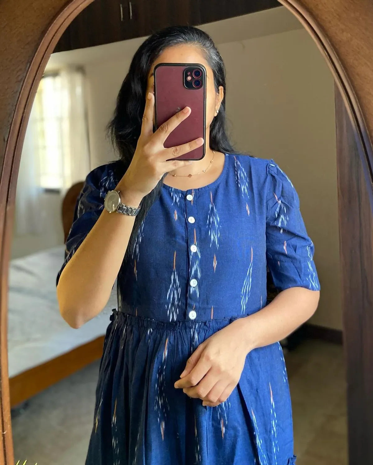 House of Jaipur Blue Ikat Cotton Flair Middy Gown For Women