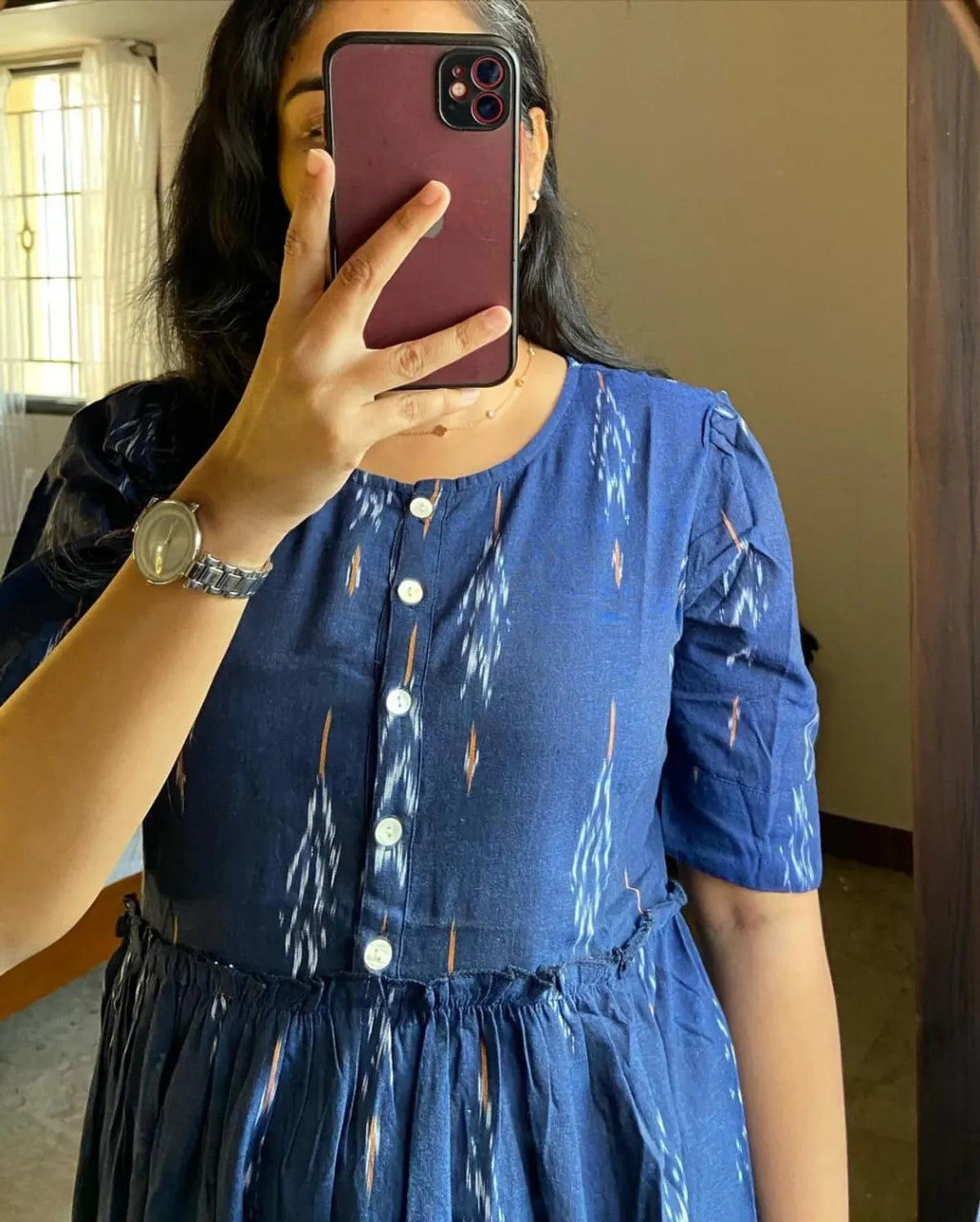 House of Jaipur Blue Ikat Cotton Flair Middy Gown For Women