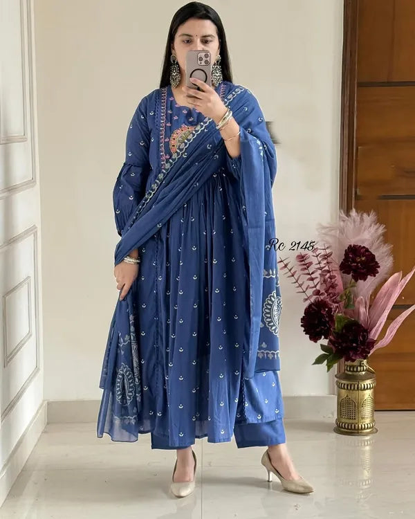 Latest And Trending  Peacock Cotton Printed Anarkali And Pant With Dupatta Set ( Blue )