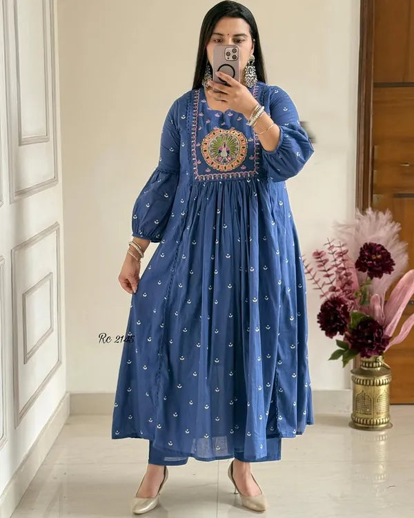 Latest And Trending  Peacock Cotton Printed Anarkali And Pant With Dupatta Set ( Blue )
