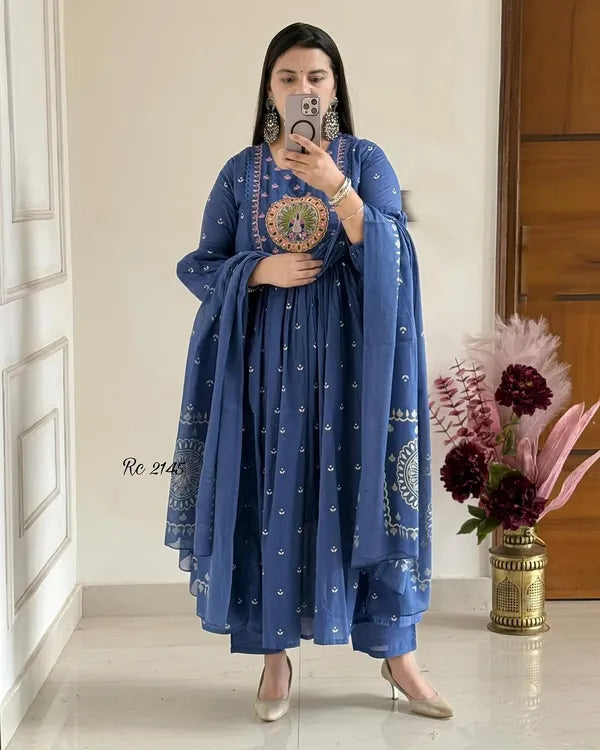 Latest And Trending  Peacock Cotton Printed Anarkali And Pant With Dupatta Set ( Blue )