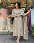 Beige Cotton Design Straight Suit With Dupatta Set