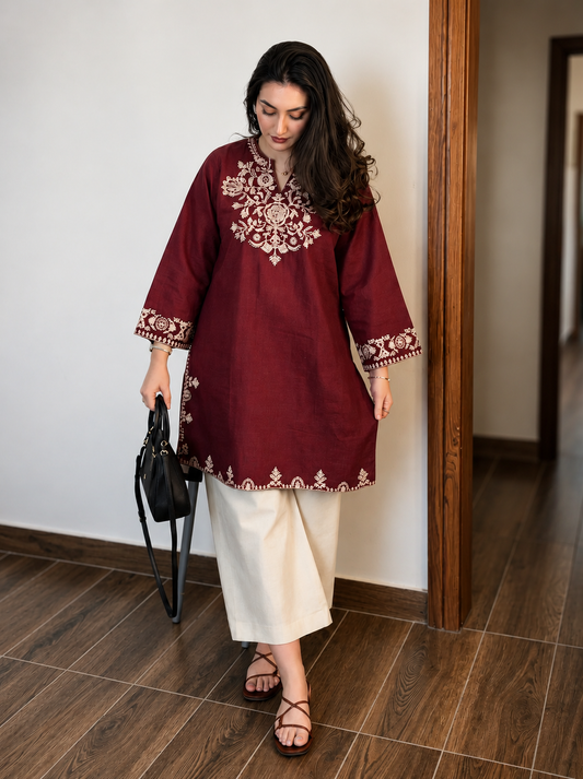 Embroidery Maroon Cotton Kurta Set with Palazzo Pants