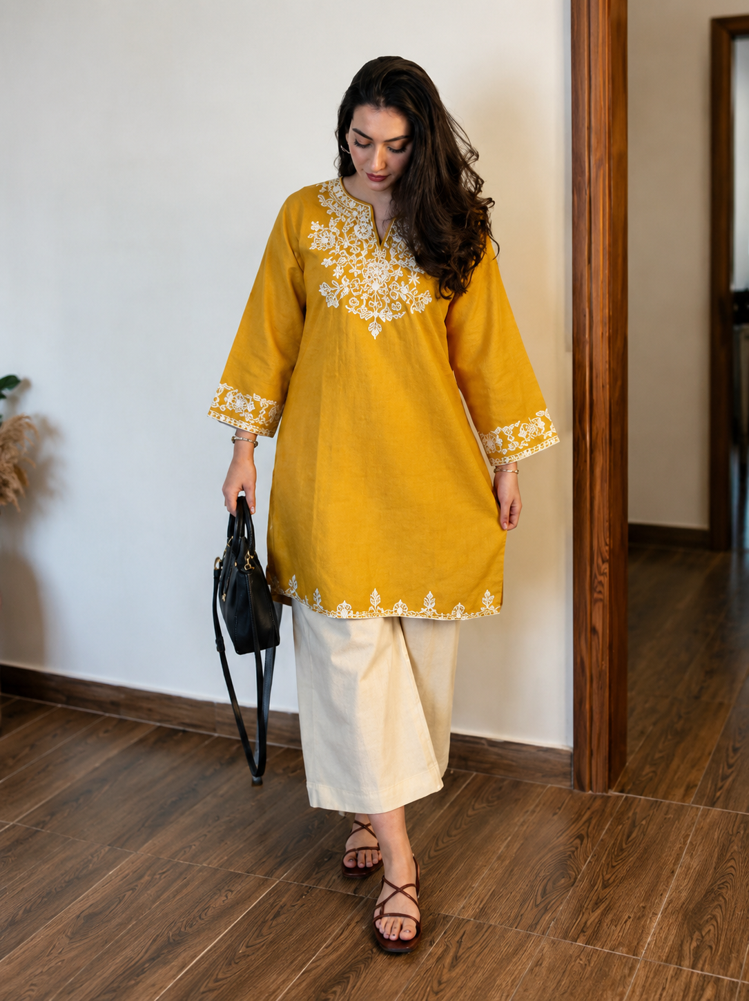 Embroidery Yellow Cotton Kurta Set with Palazzo Pants