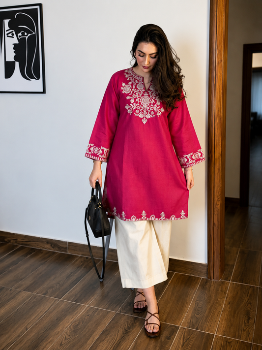 Embroidery Pink Cotton Kurta Set with Palazzo Pants