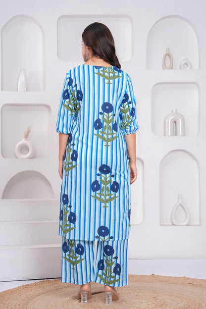 Blue and White Cotton Striped Ethnic Co-ord Set